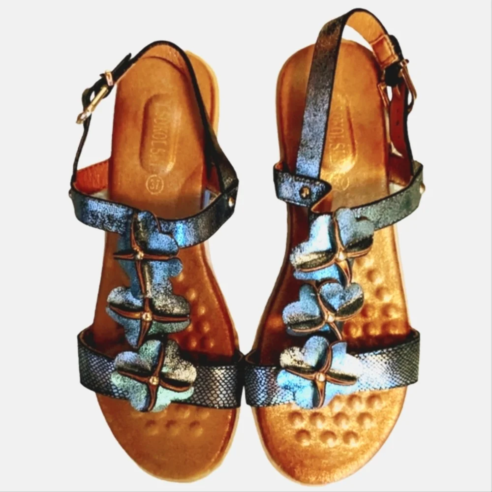 NEW T Sokolski Flower Wedges Halterback Sandals Pewter Buckle Women's sz.37 6.5